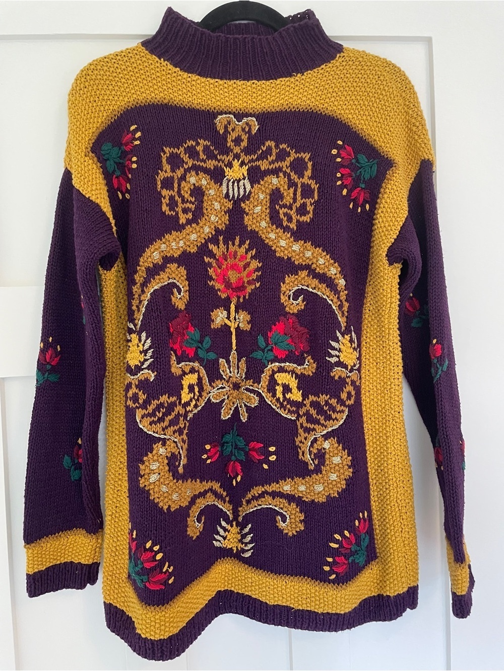 Vintage Hand Knit Regal Whimsical Floral Embroidery Cotton Tapestry Sweater